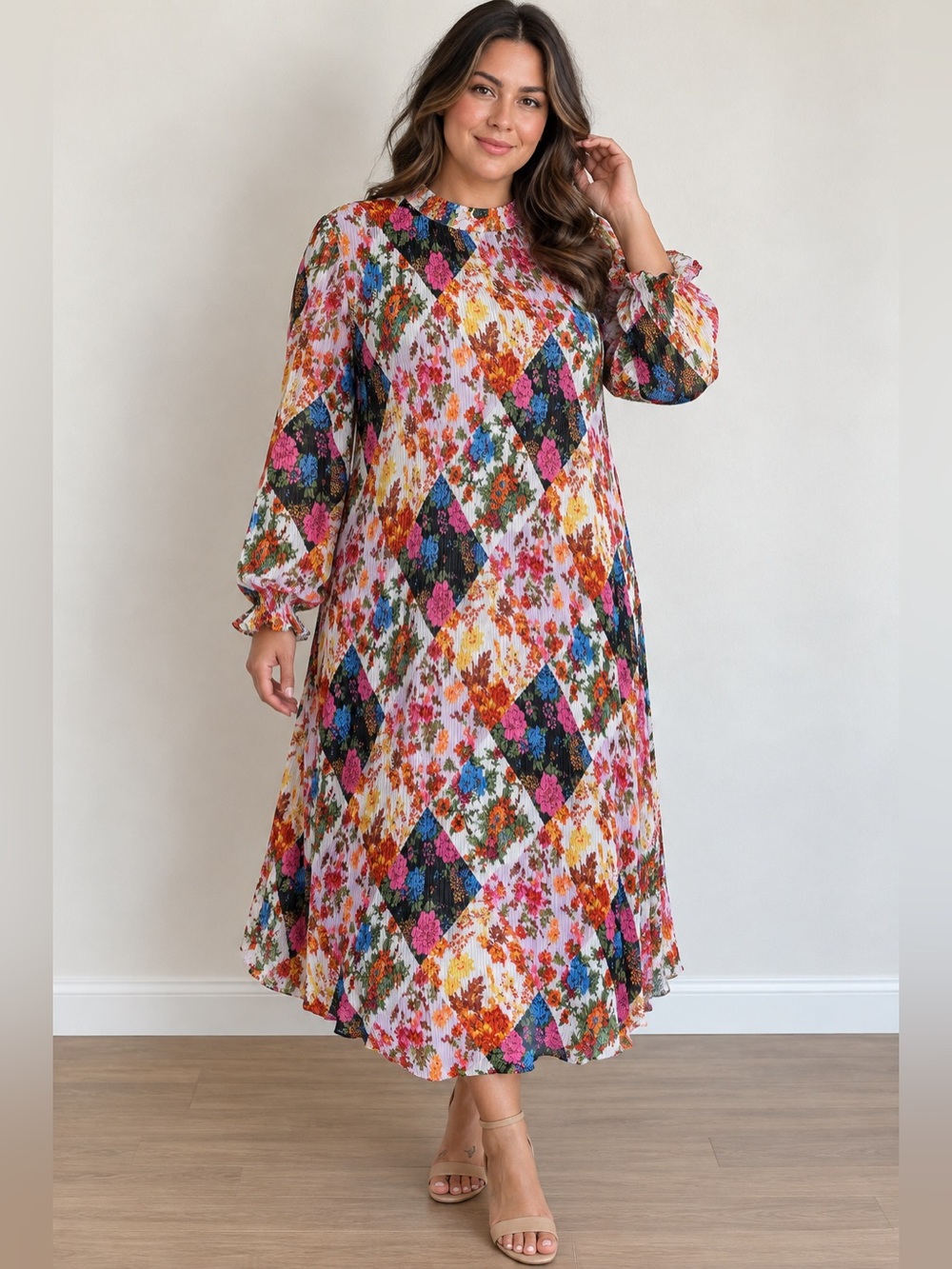 by Anthropologie Floral Patchwork Pleated Midi Dress Size L